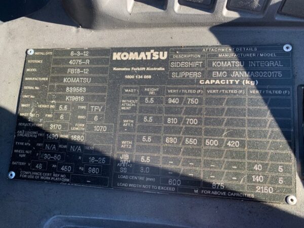 FORKLIFT - KOMATSU FB18-12 ELECTRIC (R079) - Image 9